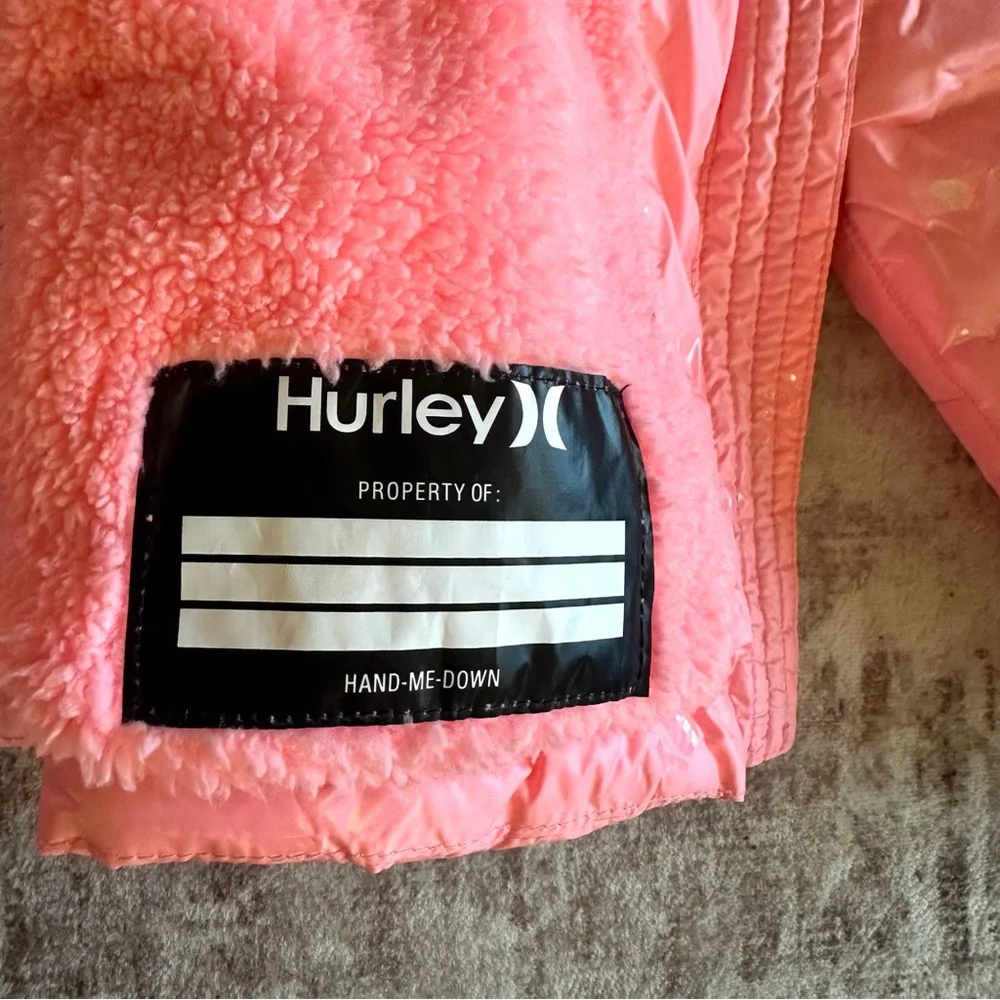 Hurley Pink Hooded Puffer Jacket Girls Sz Large (12-13 Years) Sherpa‎ Lined